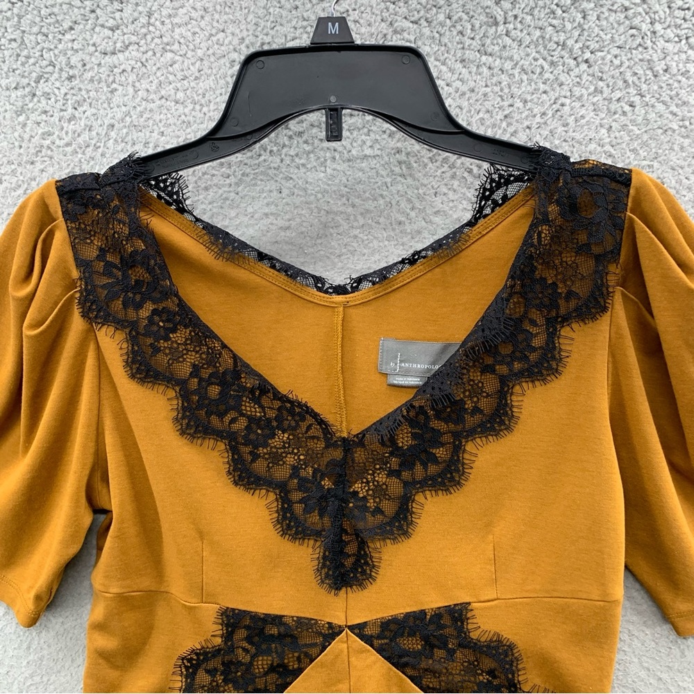 By Anthropologie Women Size S Mustard Lace Trim Top Blouse V-Neck Short Sleeve - Picture 8 of 11